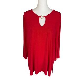 Chicos Travelers Red Heart Keyhole Tunic‎ Top 3/4 Sleeve Size 3 US 16/18 Ribbed